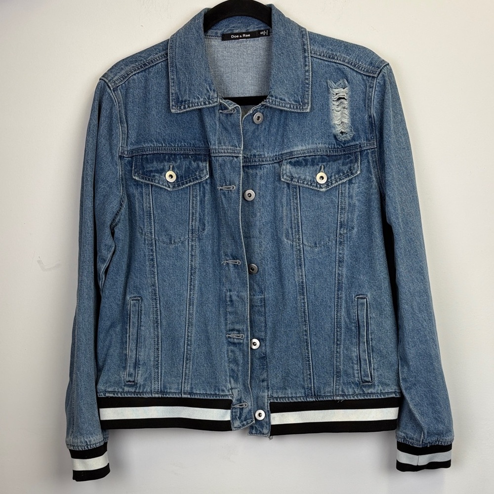 Doe & Rae Blue Distressed Denim Jacket With Stripes Size Small